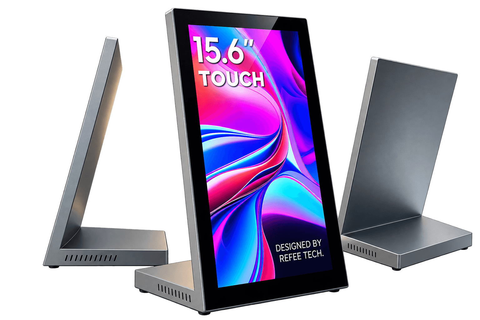 Memorix on a 15.6-inch touch display, shown between two kiosk units in a dark studio