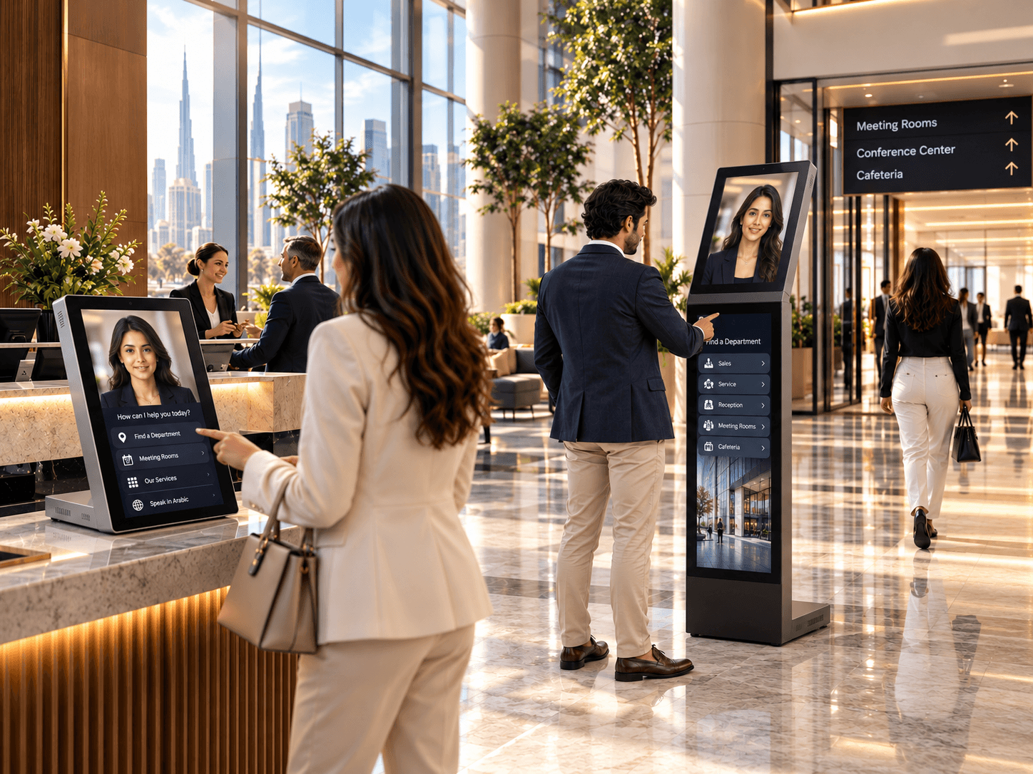 Visitors in an office lobby use Memorix AI hosts to find a department, with signs pointing to meeting rooms and the cafeteria