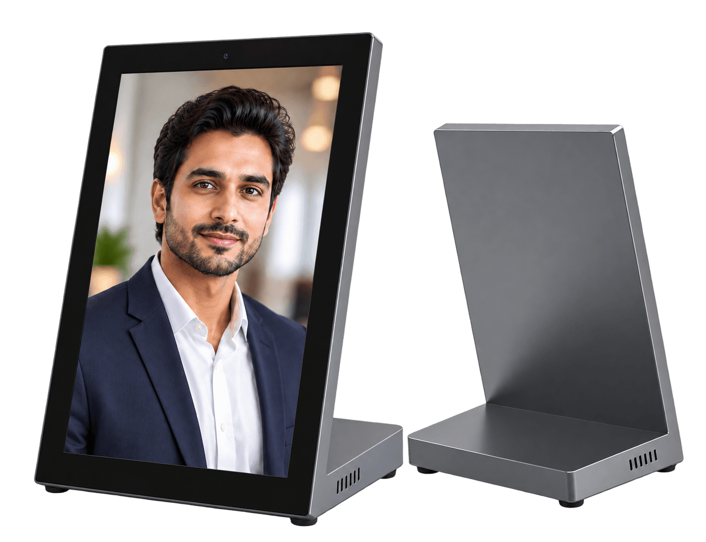 Memorix 15.6″ tabletop AI kiosk, front and back, in its aluminium L-shaped stand