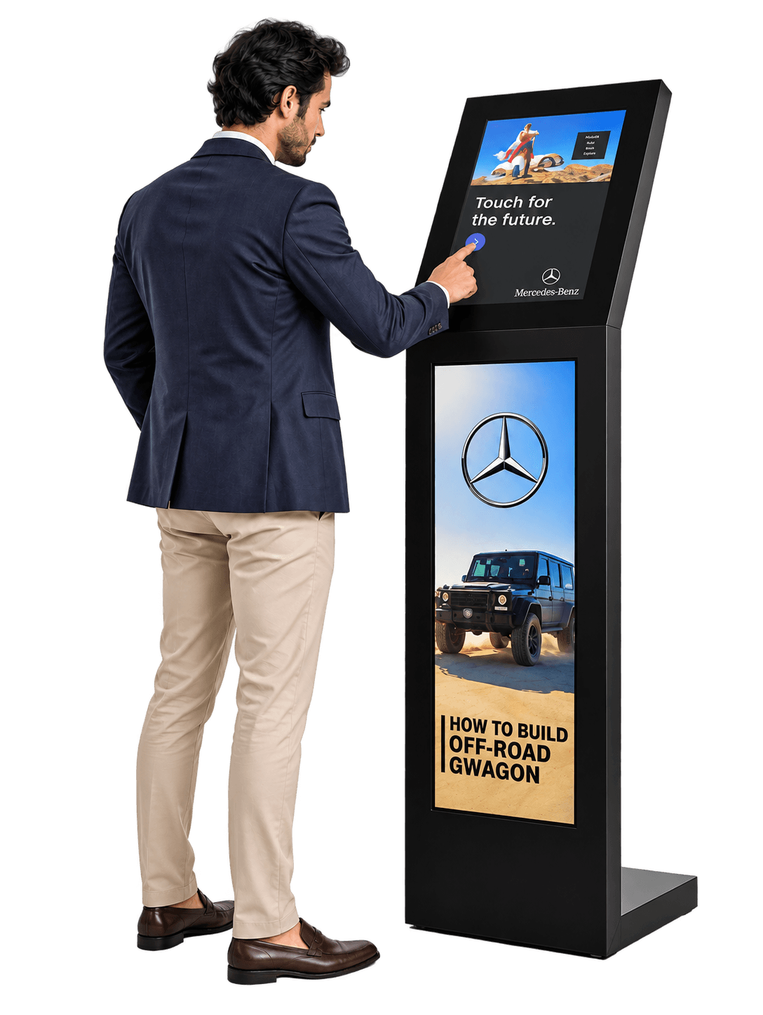 A visitor using the Memorix floor-standing AI kiosk, a 15.6″ touch display above a 29″ screen