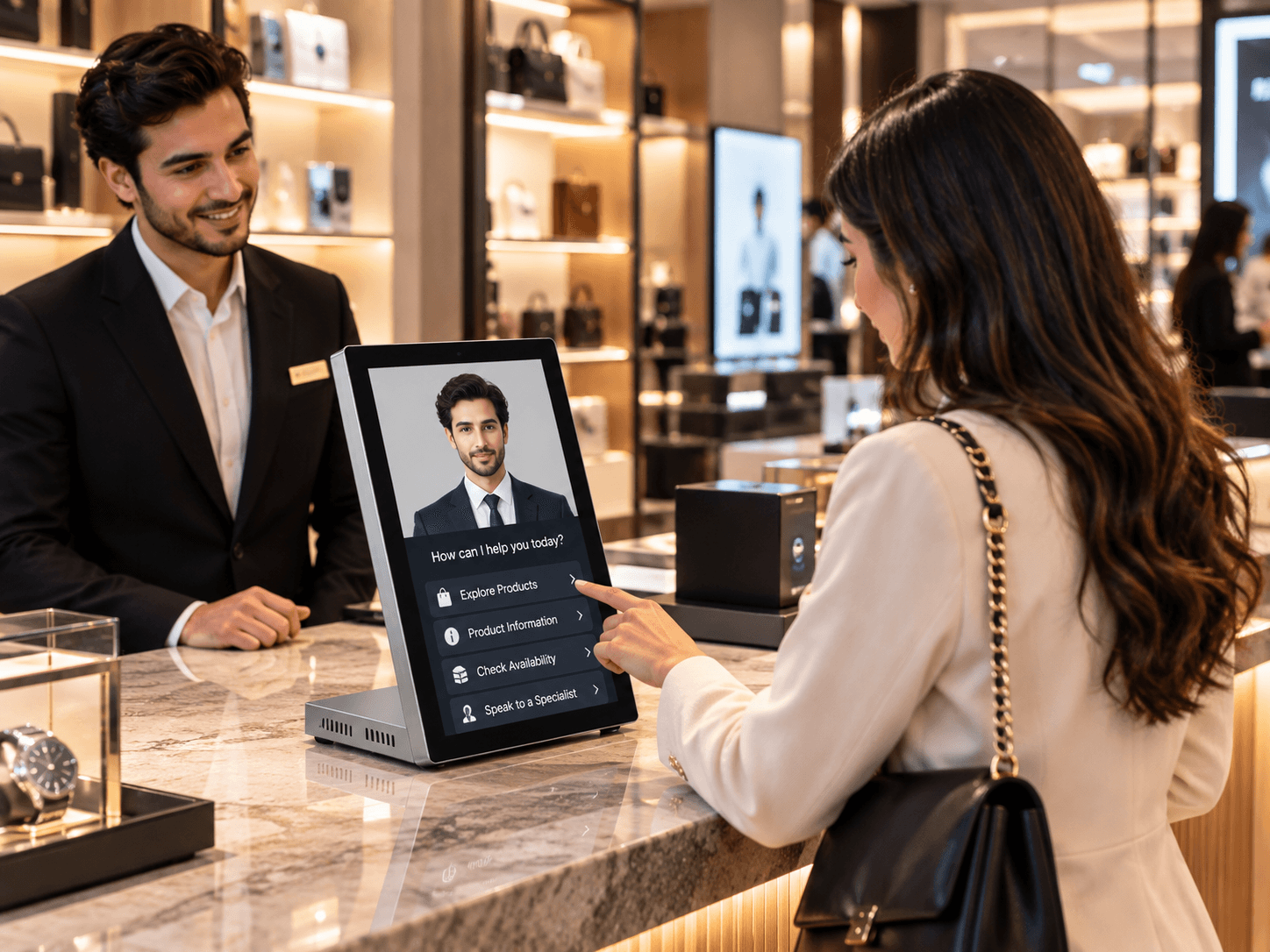 A shopper explores product information on a Memorix tabletop assistant in a boutique