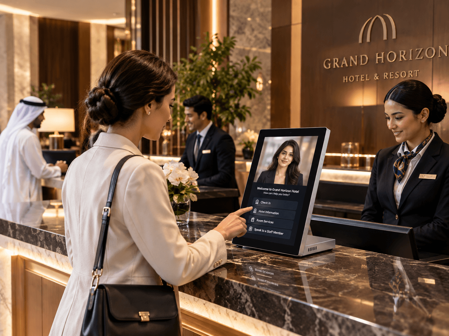 A hotel guest uses a Memorix tabletop assistant at the front desk while staff help another guest