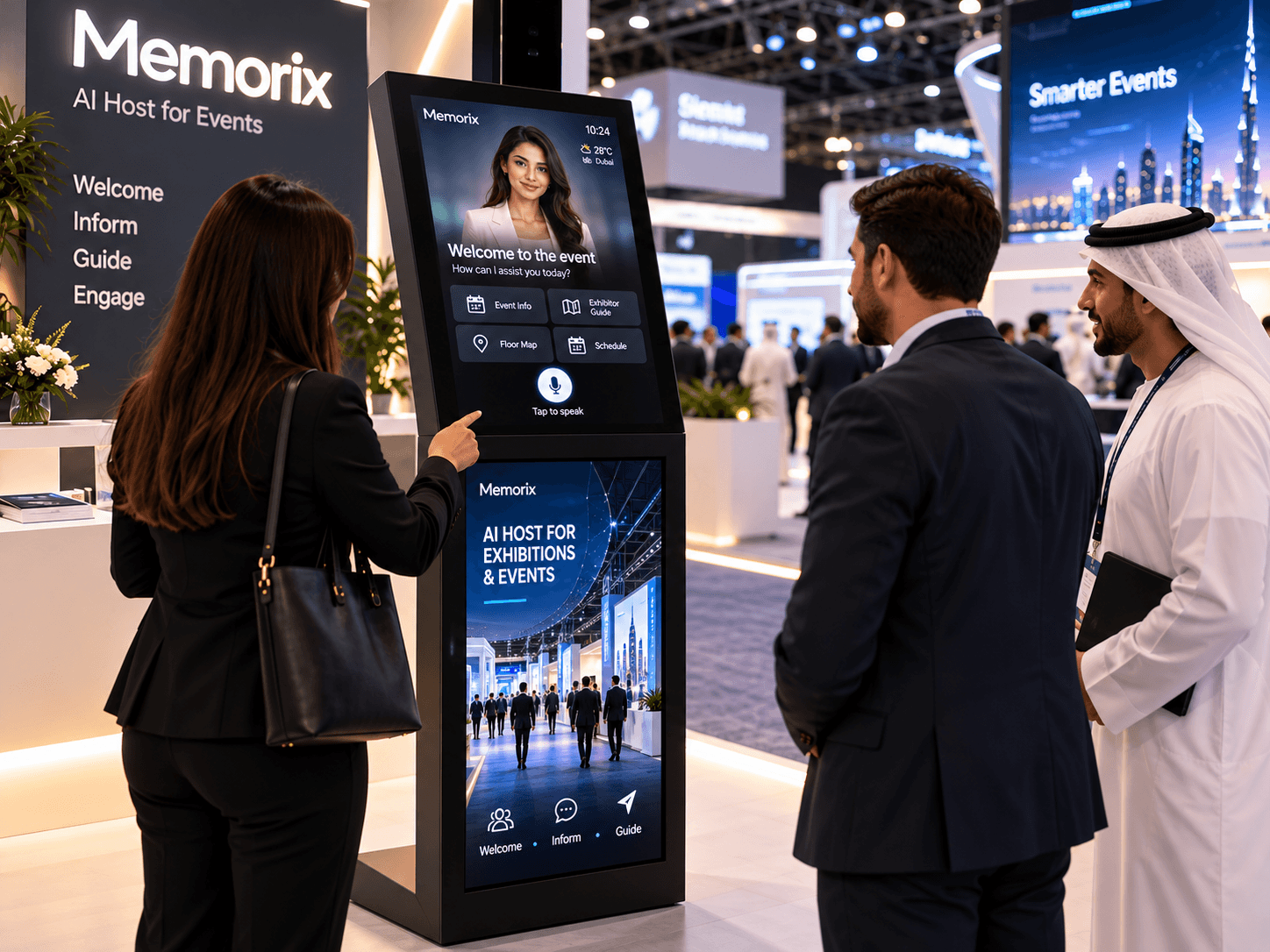 Visitors at an exhibition use a Memorix floor-standing AI host to find event information, a floor map and the schedule