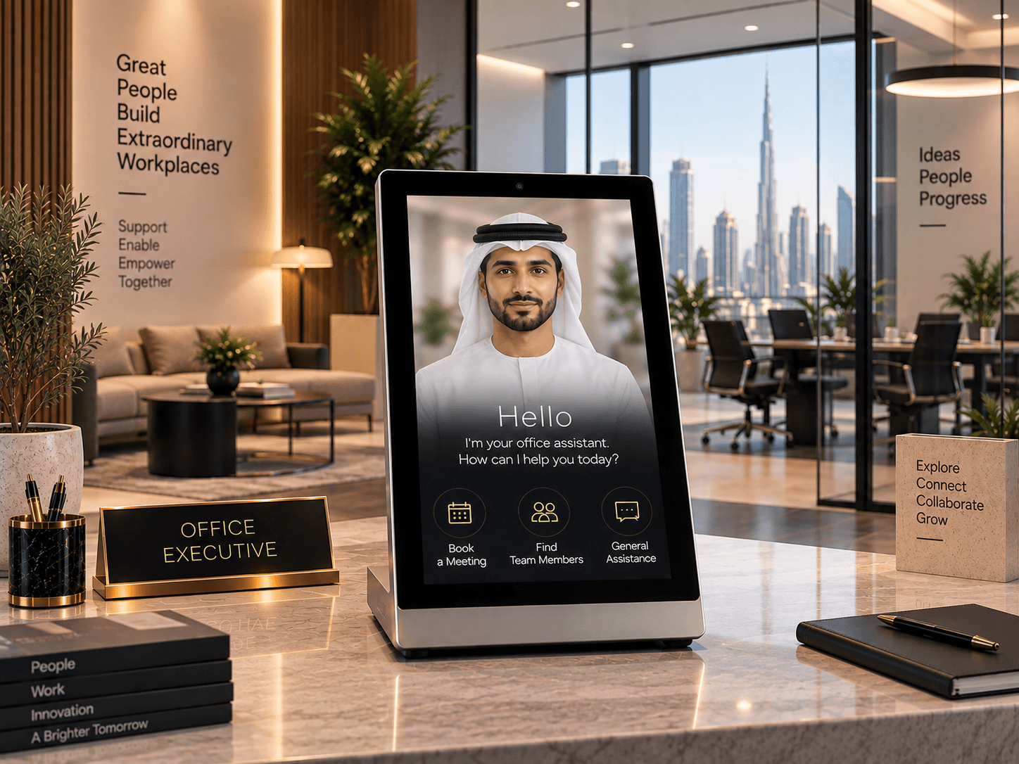 Memorix 15.6″ tabletop AI kiosk on an office reception desk, offering to book a meeting, find team members or get general help