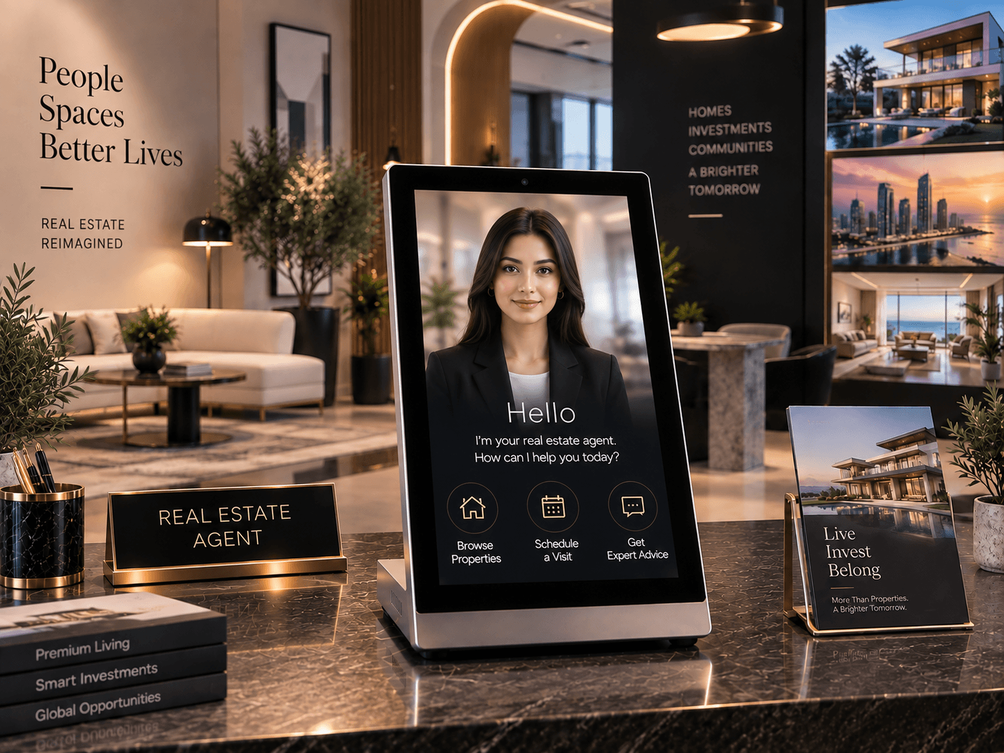 Memorix 15.6″ tabletop AI kiosk on a real estate desk, offering to browse properties, schedule a visit or get expert advice