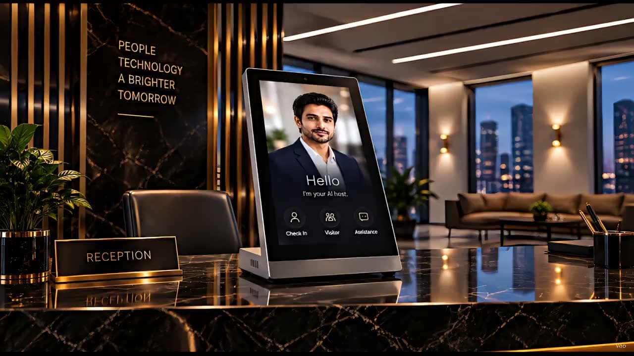 A Memorix tabletop AI kiosk on a marble reception counter in a lobby