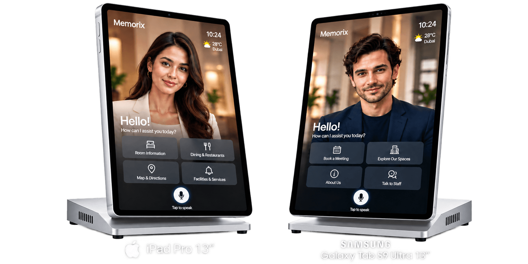An iPad Pro 13″ and a Samsung Galaxy Tab S9 Ultra 13″ on Memorix stands, each running the Memorix AI host with a digital human